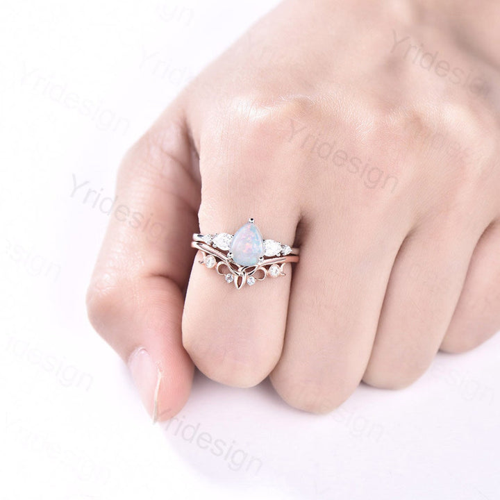 Vintage opal ring gold women unique pear shaped fire white opal engagement ring set moissanite ring art deco crown wedding ring set - PENFINE