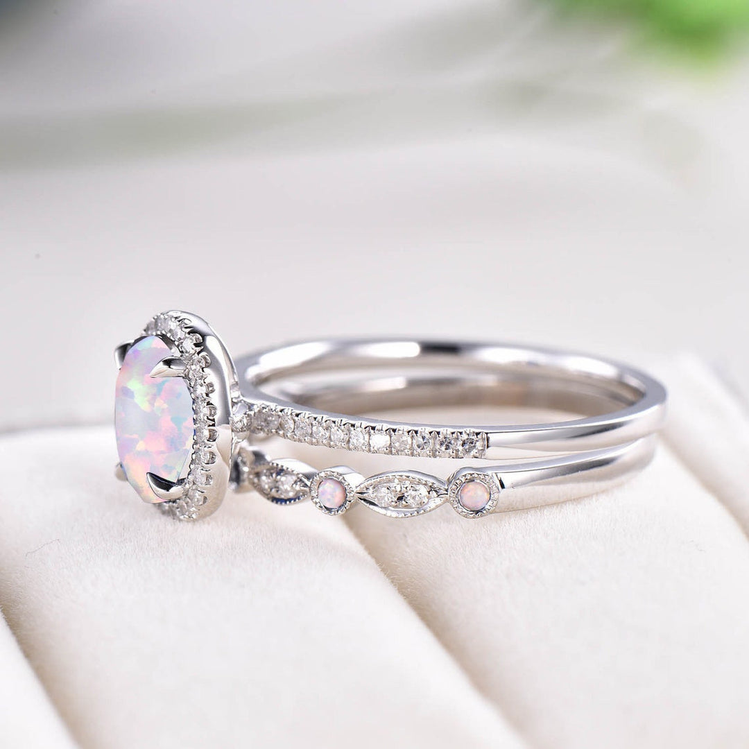 Oval White Fire Opal Engagement Ring Set White gold diamond halo ring antique sapphire wedding ring set October birthstone bridal ring set - PENFINE