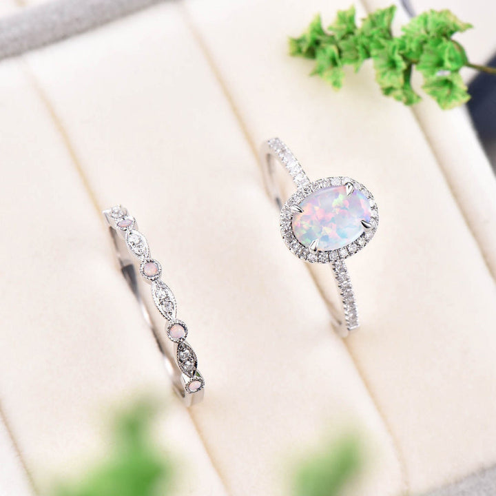 Oval White Fire Opal Engagement Ring Set White gold diamond halo ring antique sapphire wedding ring set October birthstone bridal ring set - PENFINE