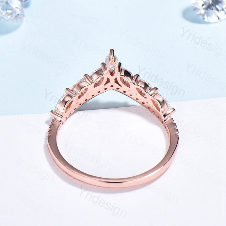 Diamond Wedding Ring For Women Unique Wedding Band Rose Gold Vintage Curved V Marquise Moissanite Matching Band Stacking Anniversary Ring - PENFINE