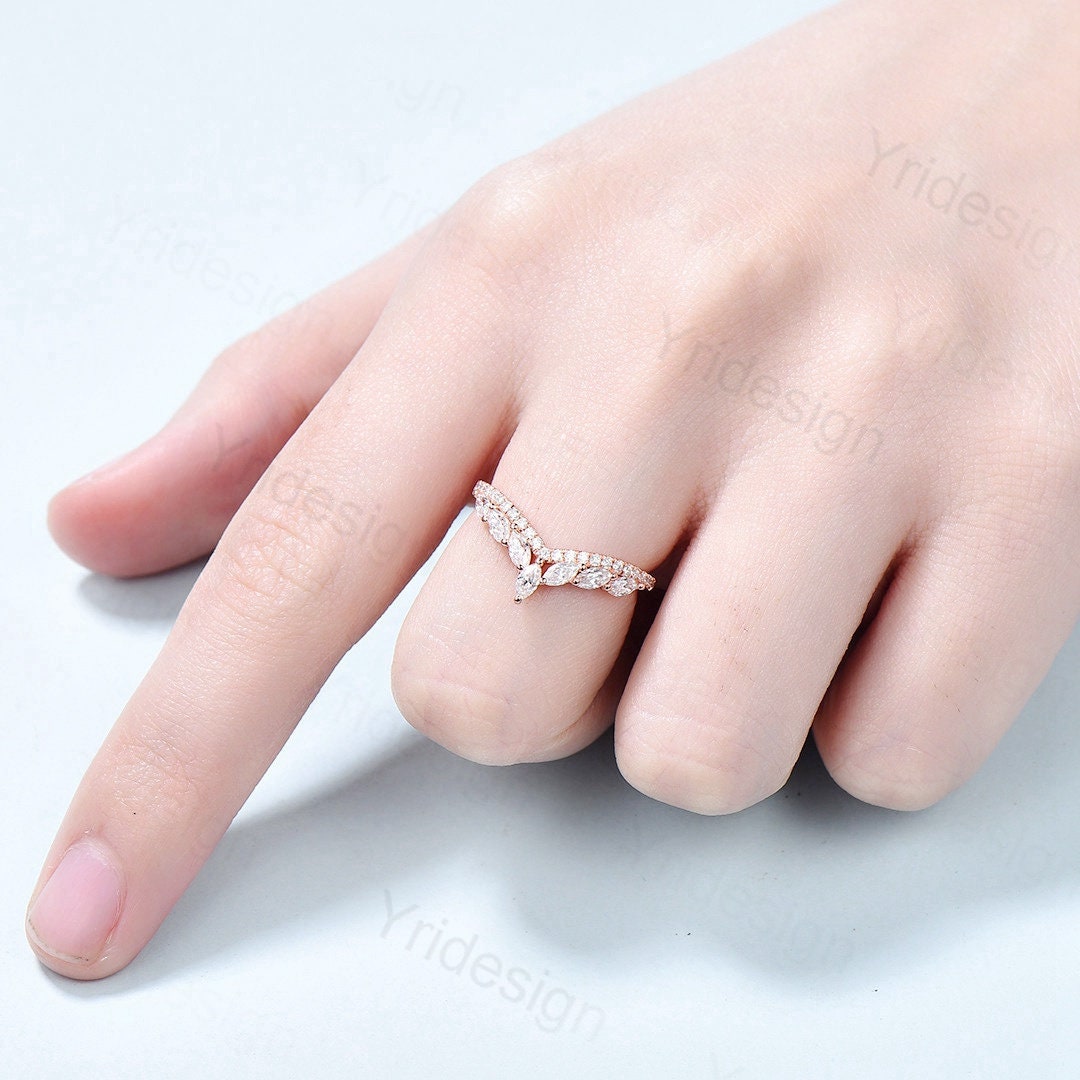 Diamond Wedding Ring For Women Unique Wedding Band Rose Gold Vintage Curved V Marquise Moissanite Matching Band Stacking Anniversary Ring - PENFINE