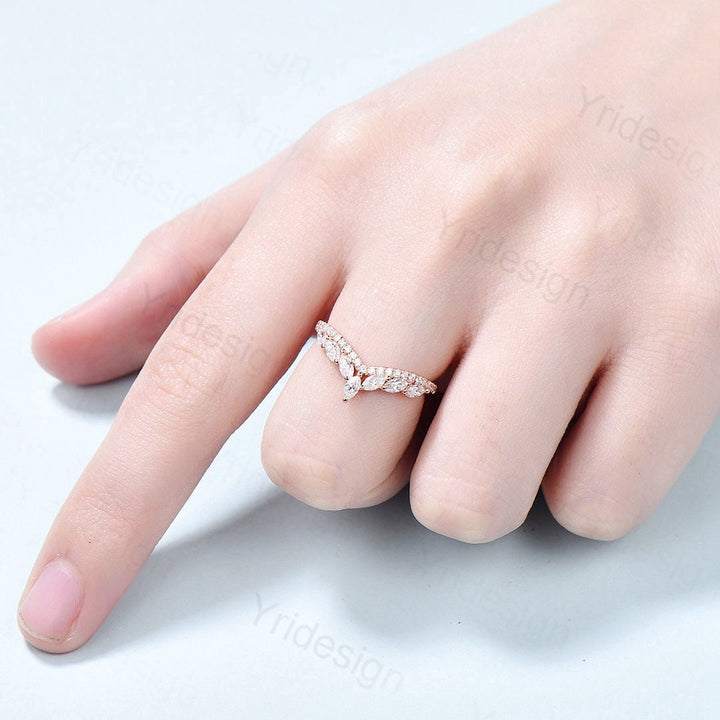 Diamond Wedding Ring For Women Unique Wedding Band Rose Gold Vintage Curved V Marquise Moissanite Matching Band Stacking Anniversary Ring - PENFINE