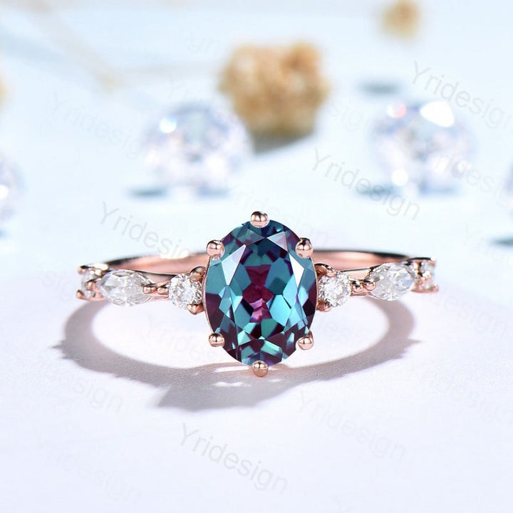 Unique alexandrite engagement ring set | Vintage rose gold wedding set | Art deco gold opal alexandrite stacking ring | 6 Prongs bridal set - PENFINE