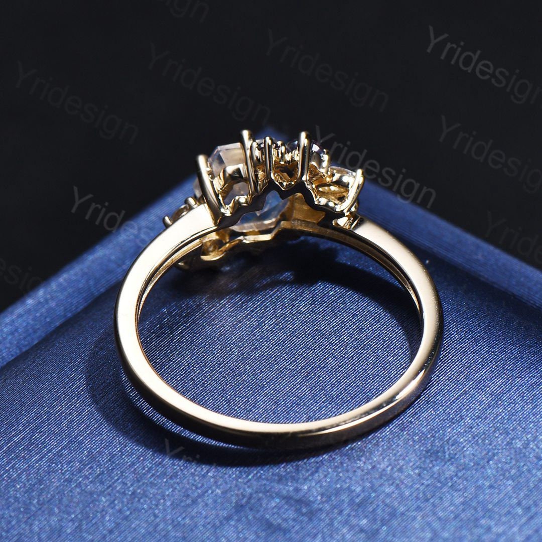 Hexagon Moonstone gold ring for women vintage rainbow blue wedding ring unique alexandrite engagement ring cluster moissanite promise ring - PENFINE
