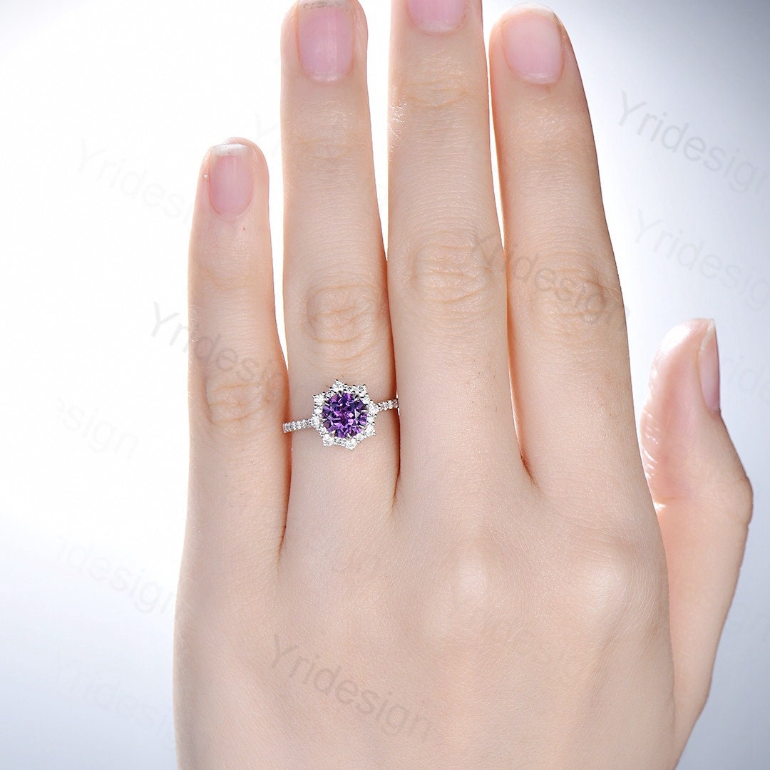 Vintage amethyst engagement ring white gold halo moissanite wedding ring for women anniversary bridal ring, promise ring - PENFINE