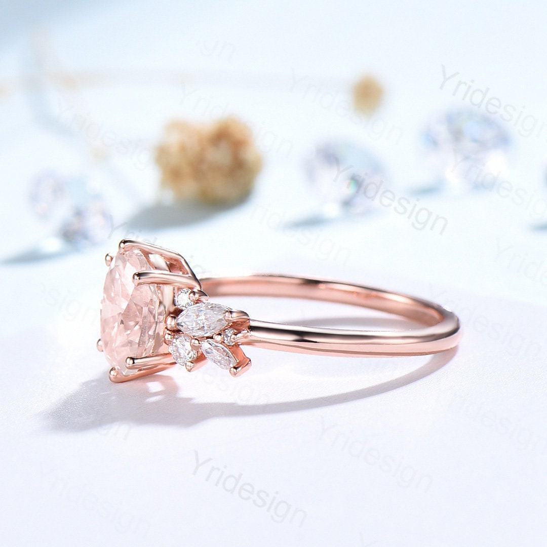 Pink Morganite Ring 1.5CT Oval Morganite Engagement Ring Cluster Ring Statement Ring Sterling Silver Ring Rose Gold Bridal Promise Ring - PENFINE