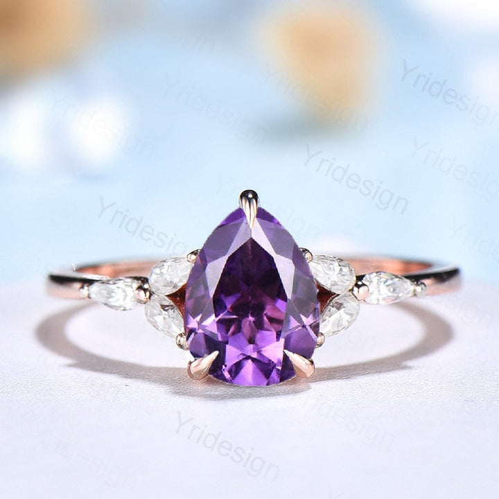 Natural Amethyst Engagement Ring / Pear Purple Amethyst Ring For Women / Vintage Rose Gold Cluster Ring February Birthstone promise ring - PENFINE