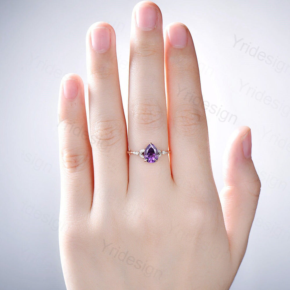 Natural Amethyst Engagement Ring / Pear Purple Amethyst Ring For Women / Vintage Rose Gold Cluster Ring February Birthstone promise ring - PENFINE
