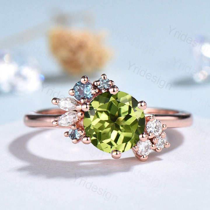 Unique Peridot Engagement Ring Cluster Alexandrite Moissanite Wedding Ring For Women Vintage art deco diamond Anniversary Promise Jewelry - PENFINE
