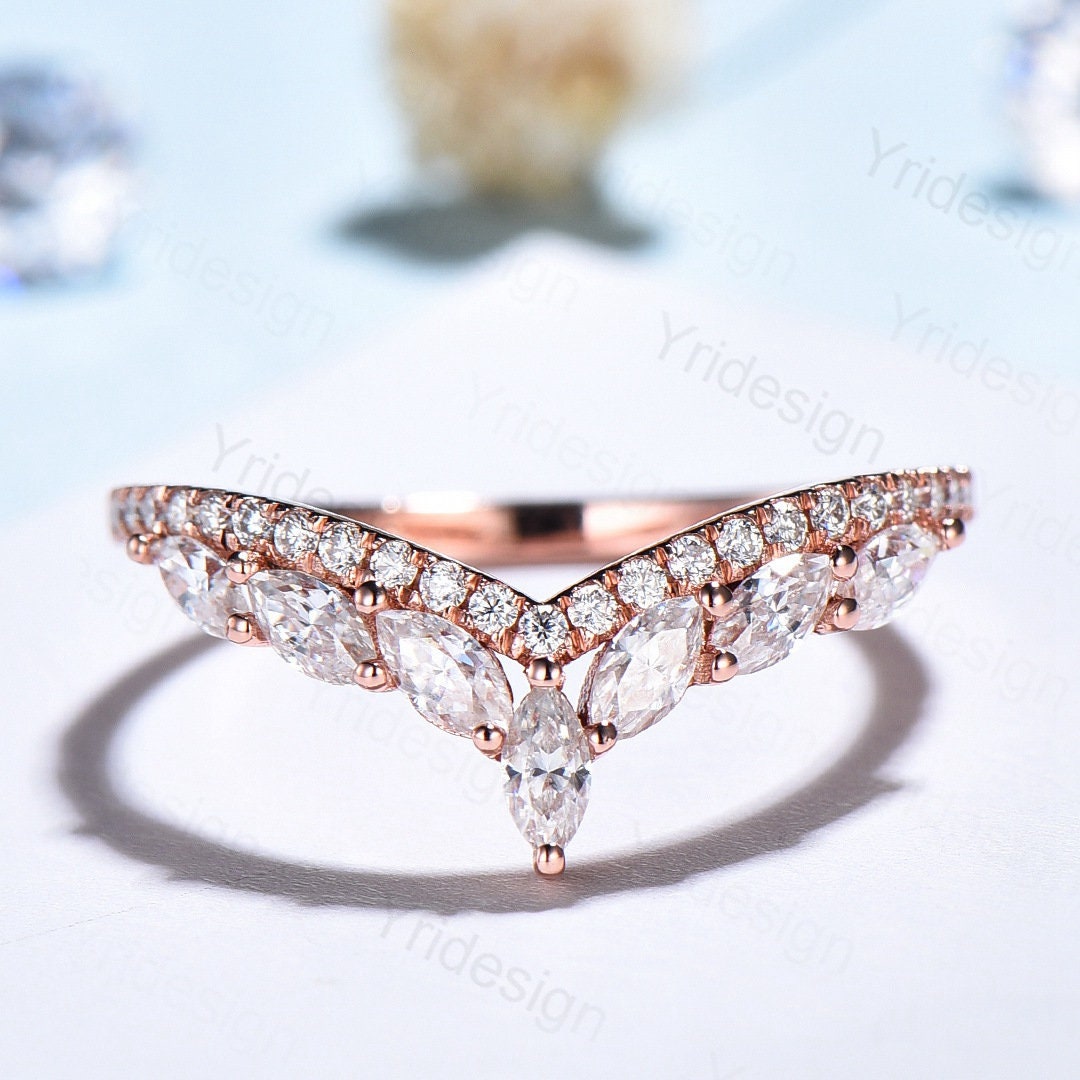 Diamond Wedding Ring For Women Unique Wedding Band Rose Gold Vintage Curved  V Marquise Moissanite Matching Band Stacking Anniversary Ring