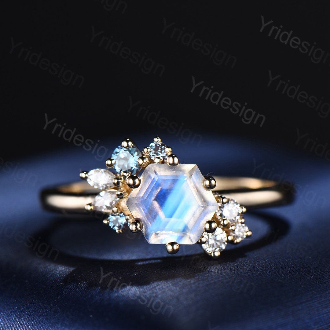 Hexagon Moonstone gold ring for women vintage rainbow blue wedding