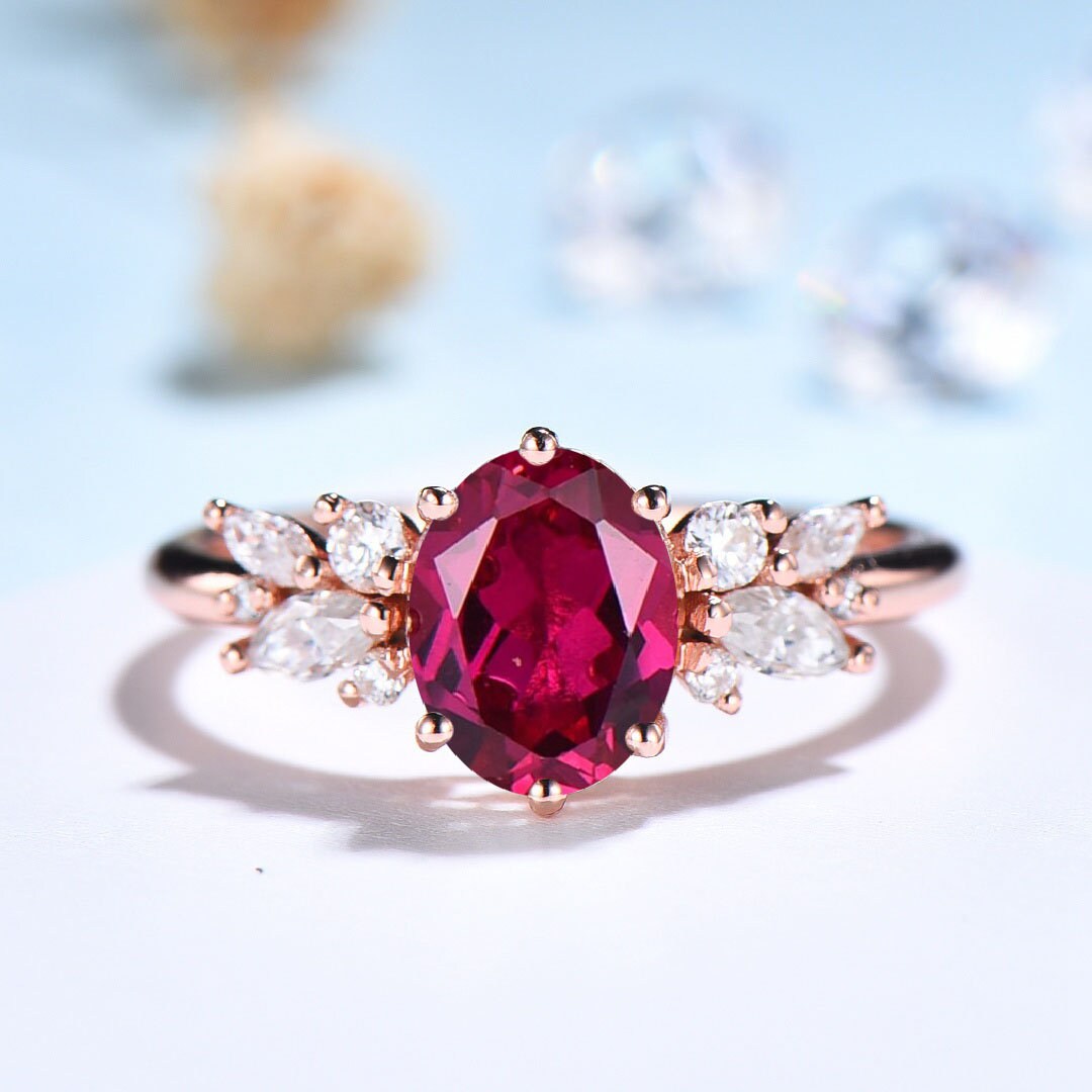 Vintage Oval Ruby Engagement Ring / Lab Red Ruby Wedding Ring For Women / Unique Cluster CZ Diamond Ring Bridal Promise Ring Gift for Her - PENFINE