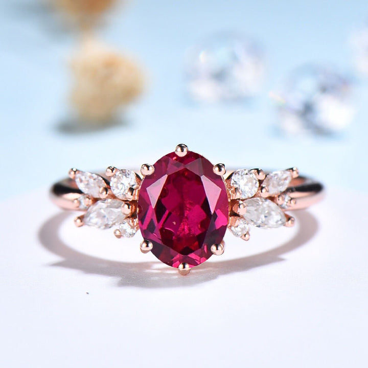 Vintage Oval Ruby Engagement Ring / Lab Red Ruby Wedding Ring For Women / Unique Cluster CZ Diamond Ring Bridal Promise Ring Gift for Her - PENFINE