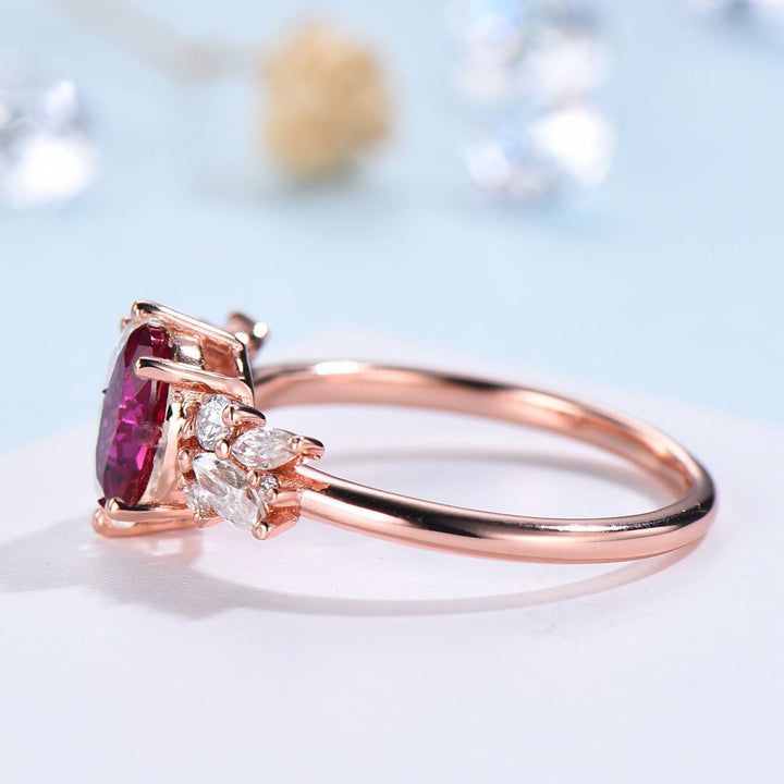 Vintage Oval Ruby Engagement Ring / Lab Red Ruby Wedding Ring For Women / Unique Cluster CZ Diamond Ring Bridal Promise Ring Gift for Her - PENFINE