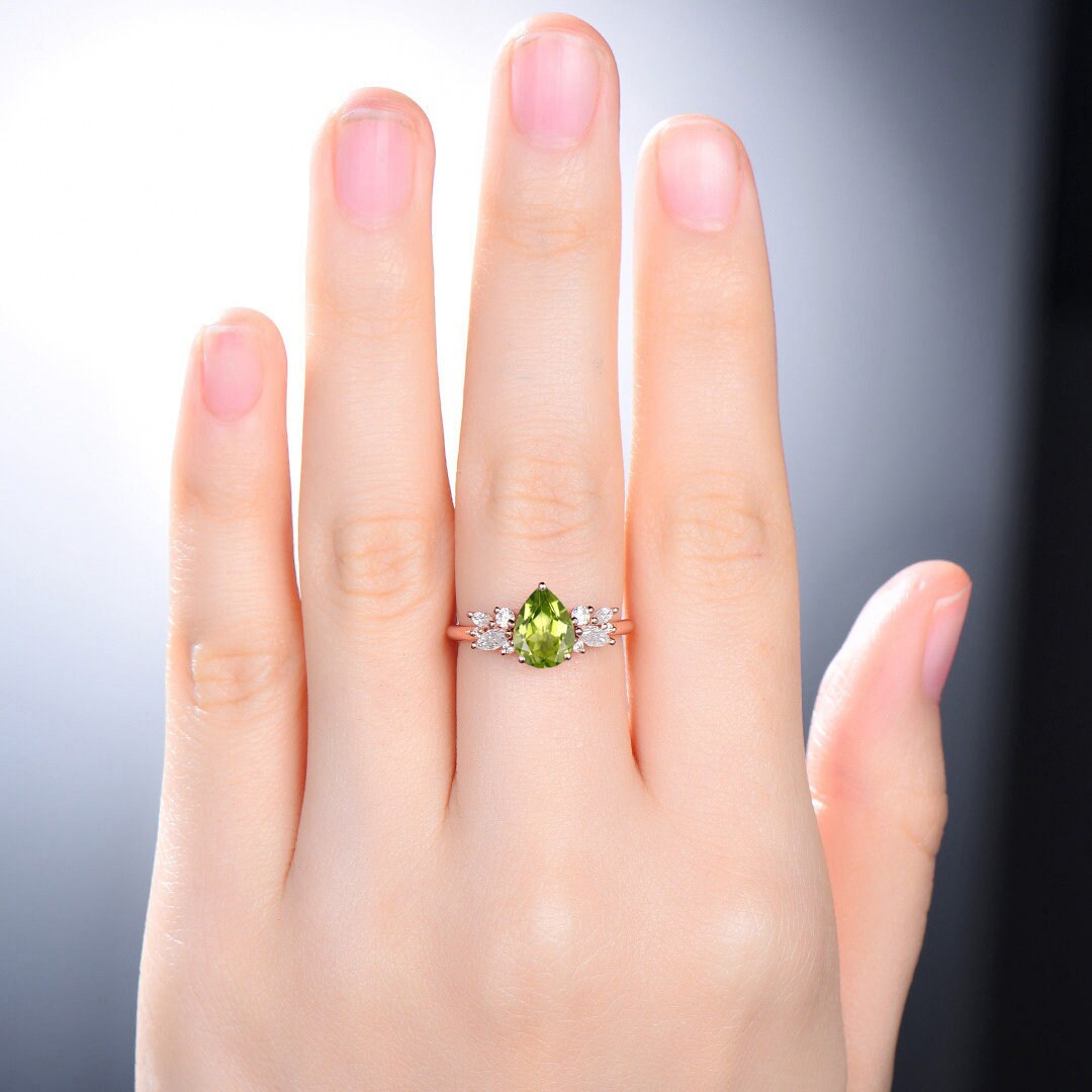 Vintage Style Peridot Ring / Natural Teardrop Peridot Engagement Ring For Women / Rose Gold August Birthstone Cluster CZ bridal ring gift - PENFINE