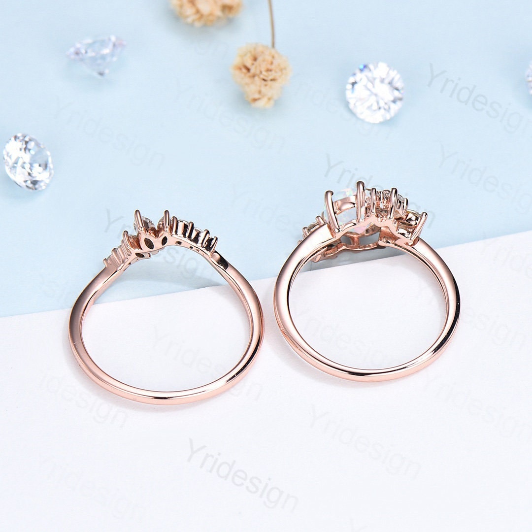 Vintage White Opal Engagement Ring Set Unique Cluster Moissanite Gold Wedding Ring For Women Anniversary Ring bridal ring set jewelry - PENFINE
