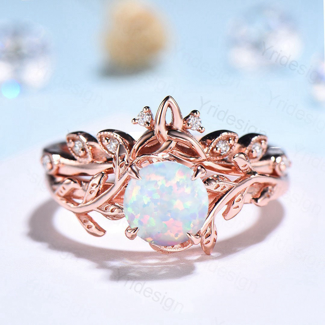 Opal Engagement Ring Set,1 Carat White Fire Opal Vine Leaf Ring