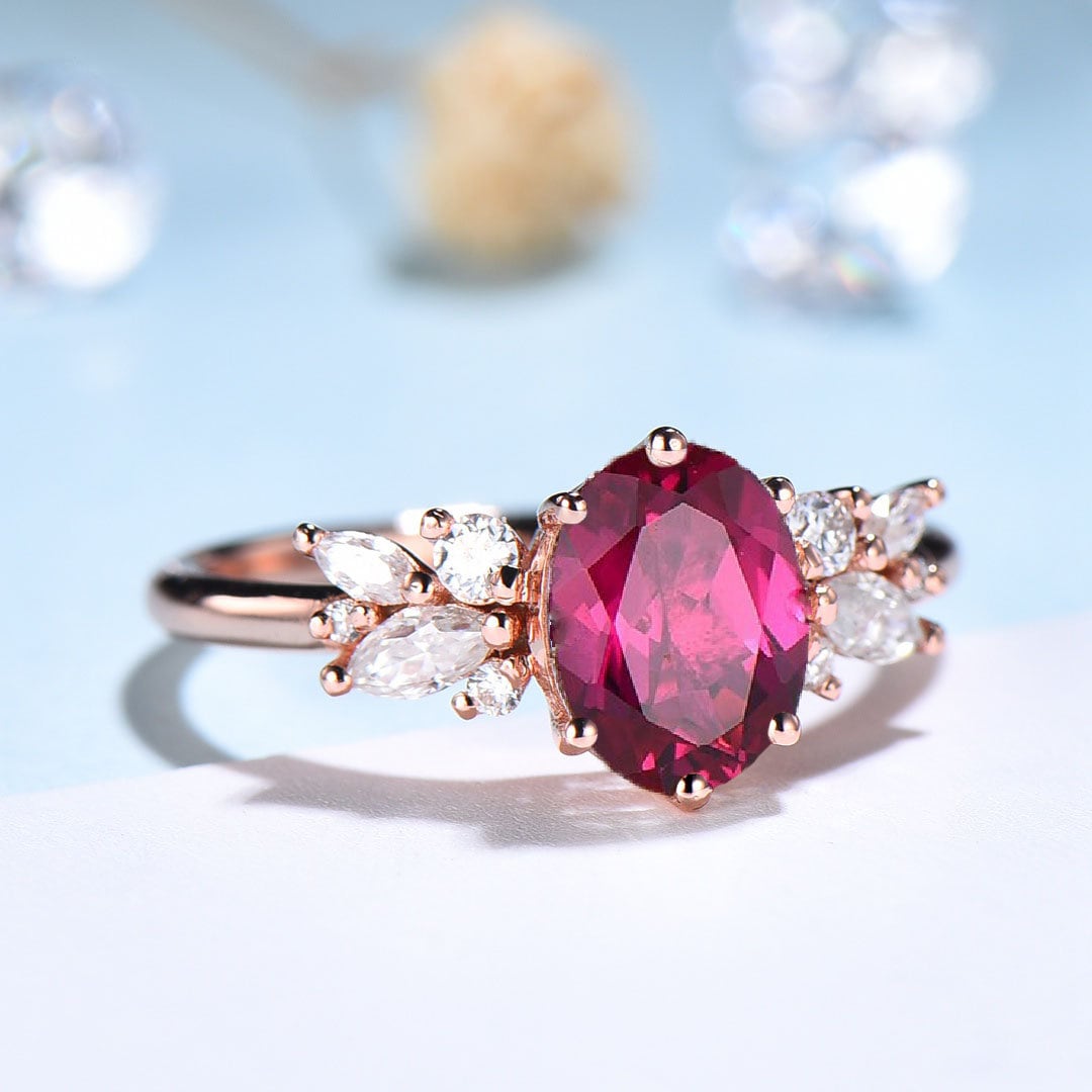 Vintage Oval Ruby Engagement Ring / Lab Red Ruby Wedding Ring For Women / Unique Cluster CZ Diamond Ring Bridal Promise Ring Gift for Her - PENFINE