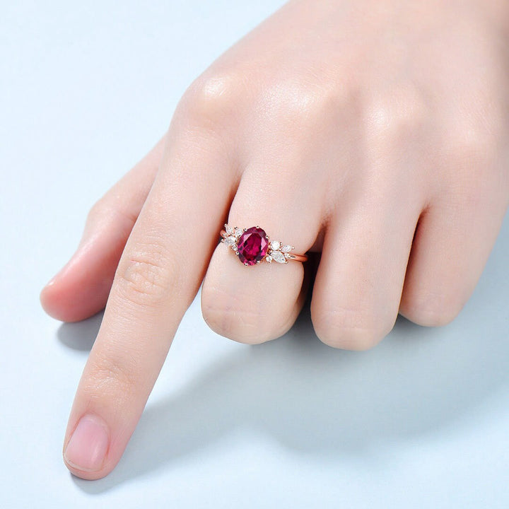 Vintage Oval Ruby Engagement Ring / Lab Red Ruby Wedding Ring For Women / Unique Cluster CZ Diamond Ring Bridal Promise Ring Gift for Her - PENFINE