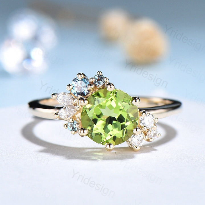 Unique Peridot Engagement Ring Cluster Alexandrite Moissanite Wedding Ring For Women Vintage art deco diamond Anniversary Promise Jewelry - PENFINE