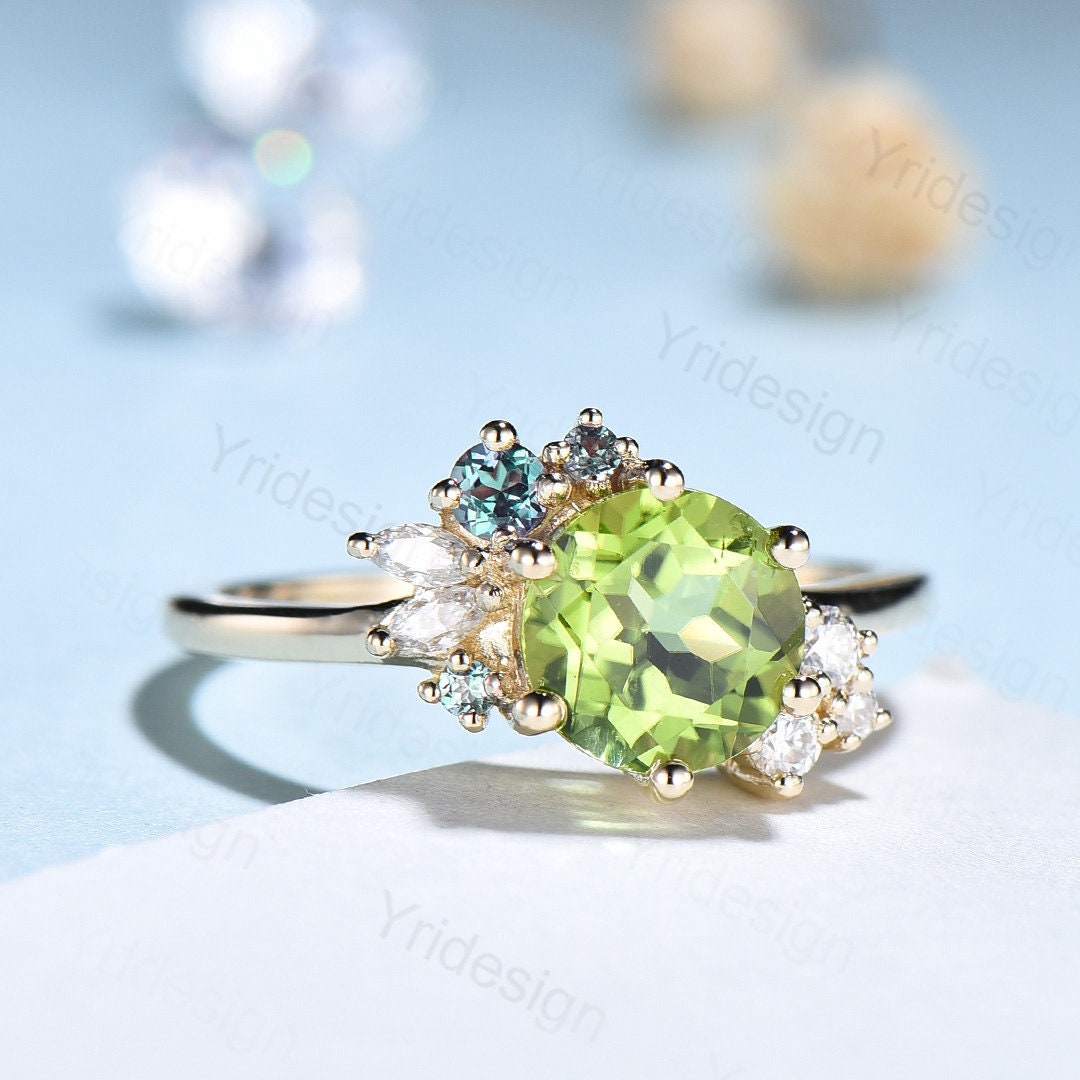 Unique Peridot Engagement Ring Cluster Alexandrite Moissanite Wedding Ring For Women Vintage art deco diamond Anniversary Promise Jewelry - PENFINE