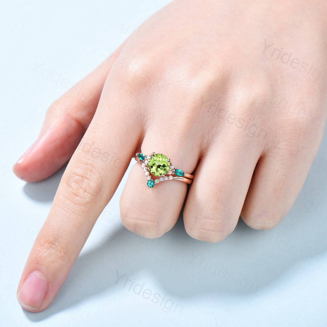Vintage peridot engagement ring set,green emerald and opal Gold wedding ring set for women,unique art deco bridal promise ring for women - PENFINE