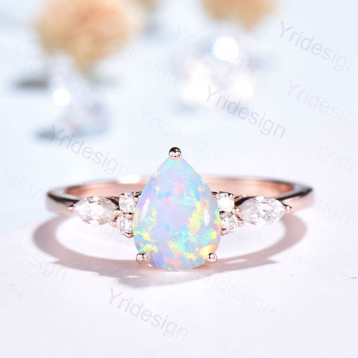 Pear Shaped Opal Ring Rose Gold Unique Cluster Diamond Opal