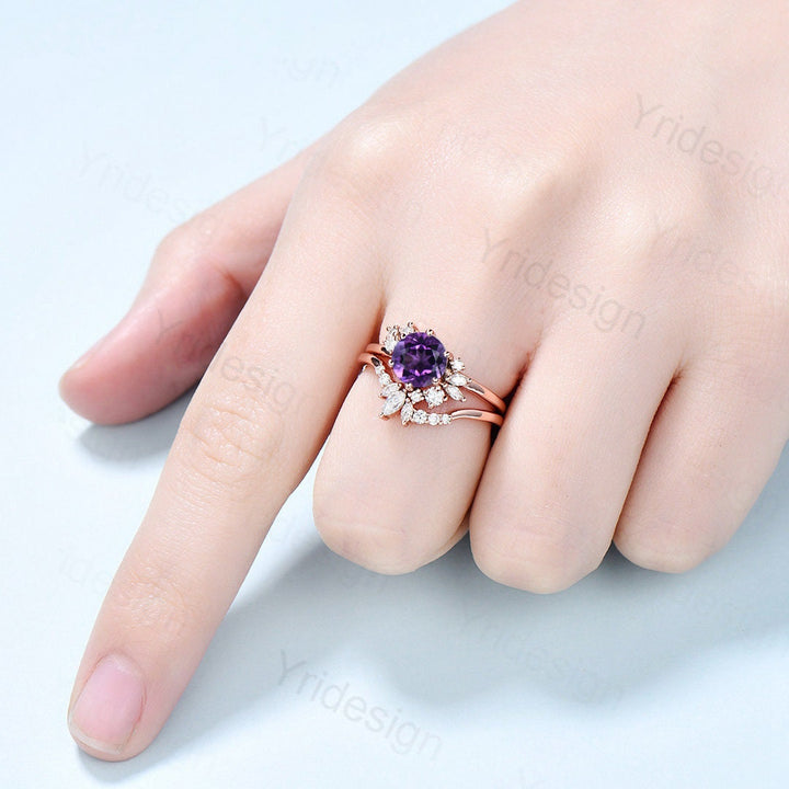 Vintage Purple Amethyst Engagement Ring Set Unique Cluster Moissanite Gold Wedding Ring For Women Anniversary Ring bridal ring set jewelry - PENFINE