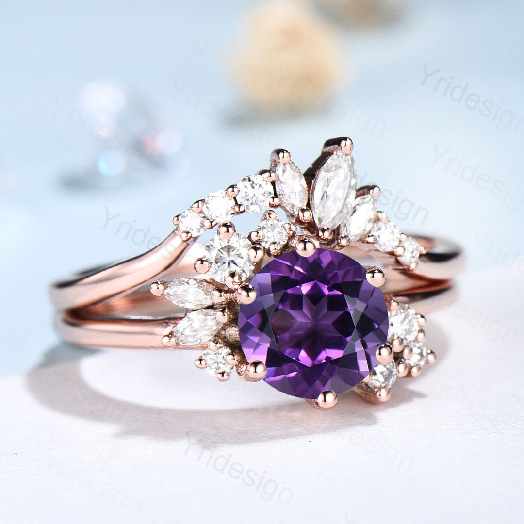 Vintage Purple Amethyst Engagement Ring Set Unique Cluster Moissanite Gold Wedding Ring For Women Anniversary Ring bridal ring set jewelry - PENFINE