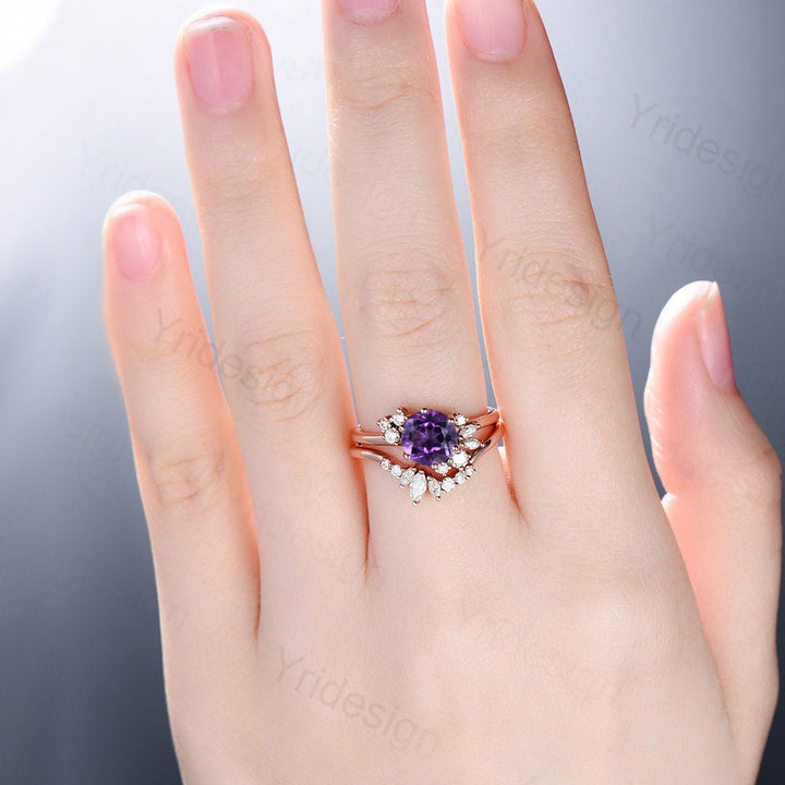 Vintage Purple Amethyst Engagement Ring Set Unique Cluster Moissanite Gold Wedding Ring For Women Anniversary Ring bridal ring set jewelry - PENFINE