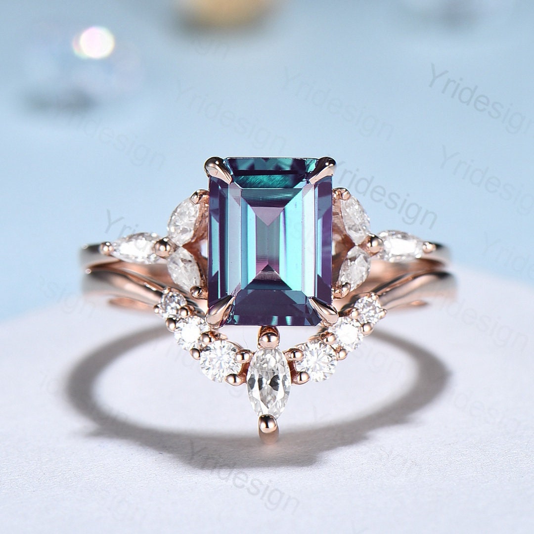 Emerald Cut Alexandrite Engagement Ring Set Rose Gold-14K/18K 2pcs