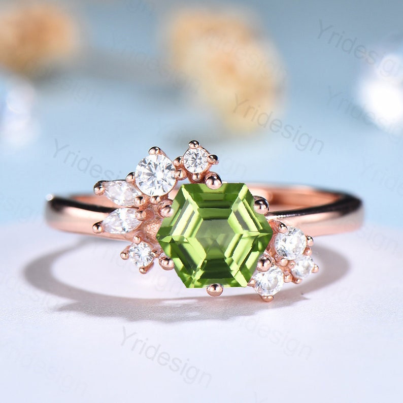 Hexagon cut peridot ring silver rose gold vintage unique peridot