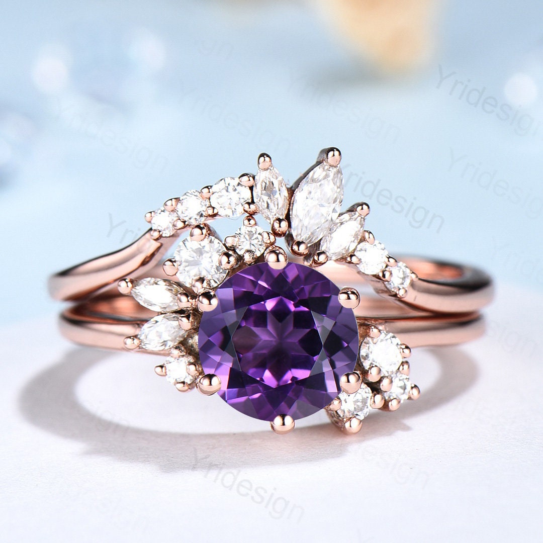 Vintage Purple Amethyst Engagement Ring Set Unique Cluster Moissanite Gold Wedding Ring For Women Anniversary Ring bridal ring set jewelry - PENFINE