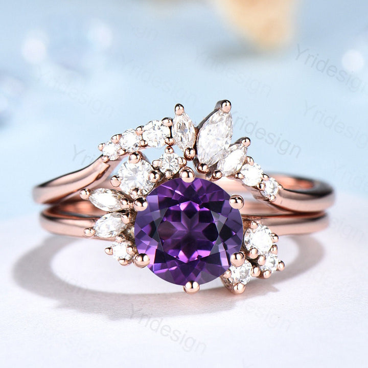 Vintage Purple Amethyst Engagement Ring Set Unique Cluster Moissanite Gold Wedding Ring For Women Anniversary Ring bridal ring set jewelry - PENFINE