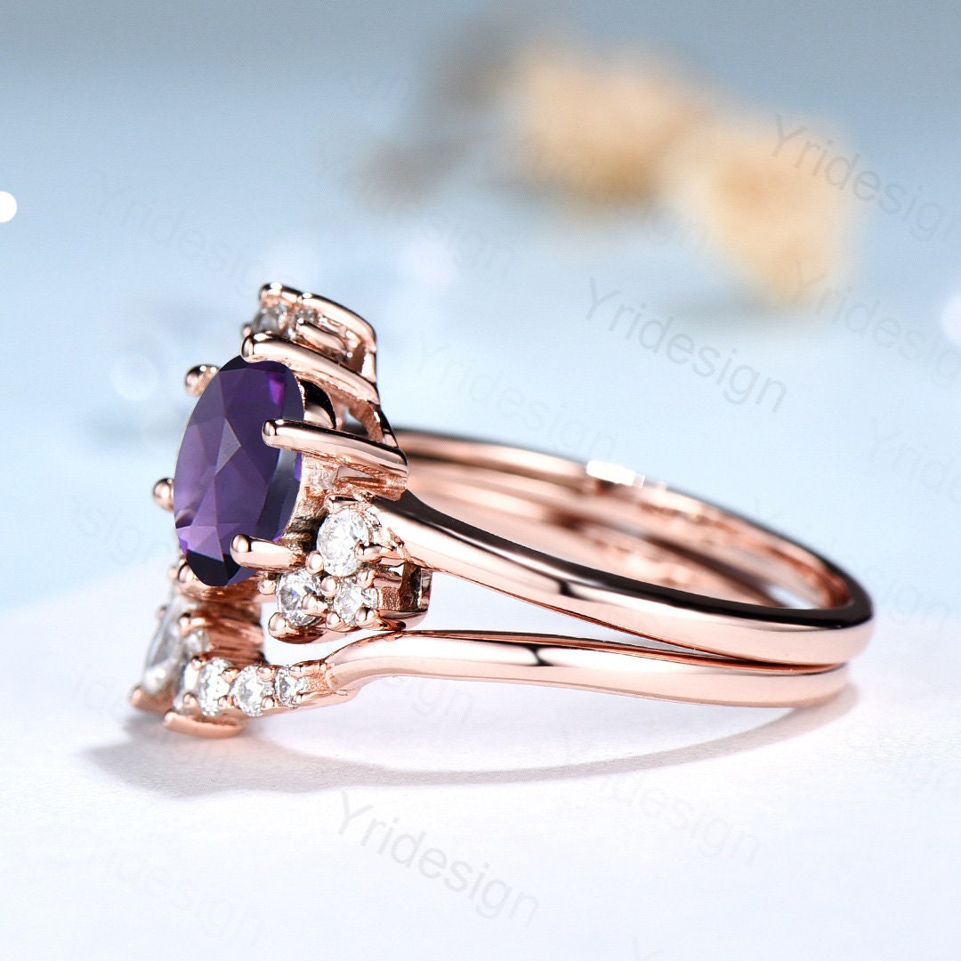 Vintage Purple Amethyst Engagement Ring Set Unique Cluster Moissanite Gold Wedding Ring For Women Anniversary Ring bridal ring set jewelry - PENFINE