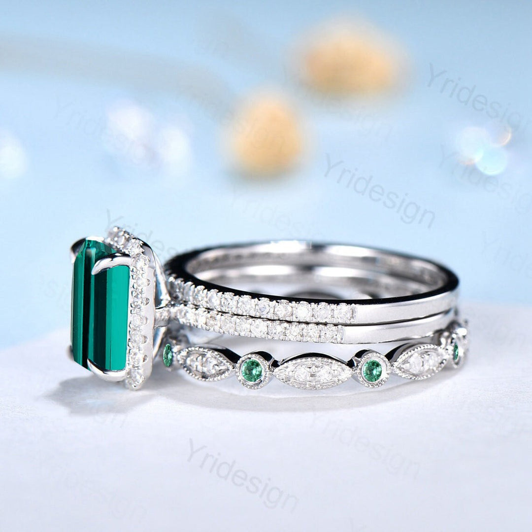 Emerald Cut Emerald Ring 2CT Engagement Ring Set Halo Diamond Solid White gold  Wedding Set Moissanite Bridal Promise Ring Anniversary Gift - PENFINE