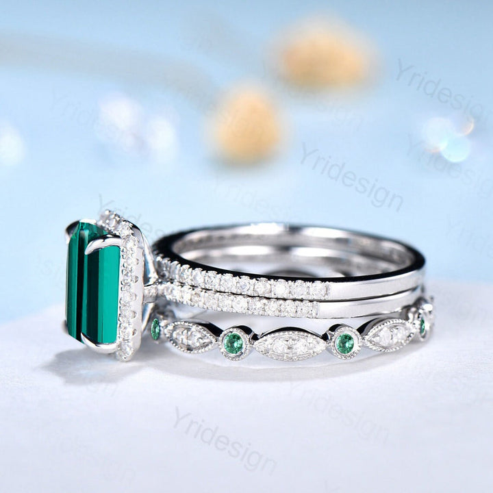 Emerald Cut Emerald Ring 2CT Engagement Ring Set Halo Diamond Solid White gold  Wedding Set Moissanite Bridal Promise Ring Anniversary Gift - PENFINE