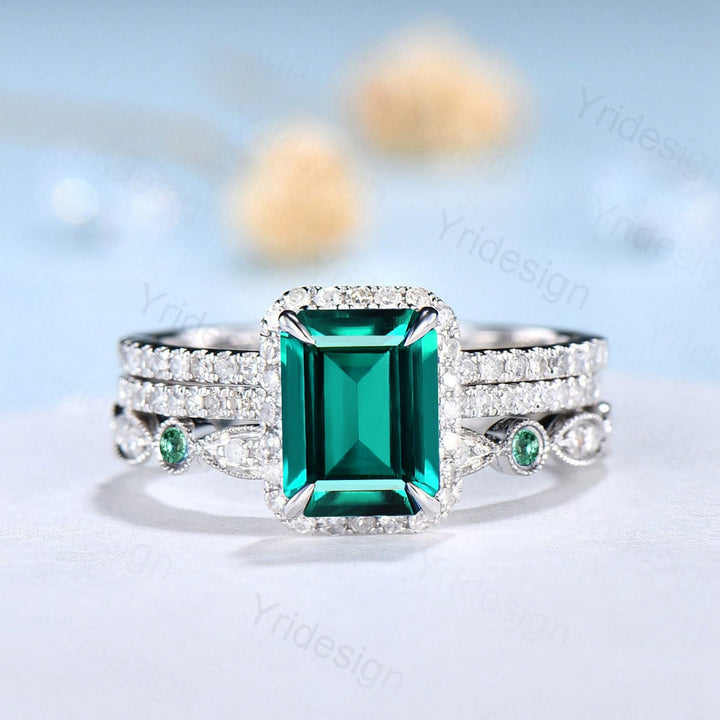 Emerald Cut Emerald Ring 2CT Engagement Ring Set Halo Diamond Solid White gold  Wedding Set Moissanite Bridal Promise Ring Anniversary Gift - PENFINE