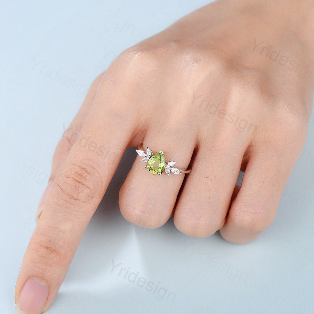 Pear Shaped Peridot Engagement Ring / Natural Peridot Wedding Ring For Women / Vintage Rose Gold August Birthstone bridal anniversary ring - PENFINE