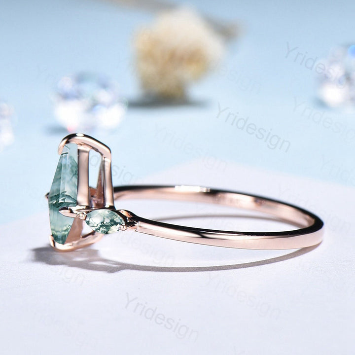 Vintage kite cut moss agate ring solid 14k rose gold marquise cut green agate engagement ring unique wedding ring for women anniversary gift - PENFINE