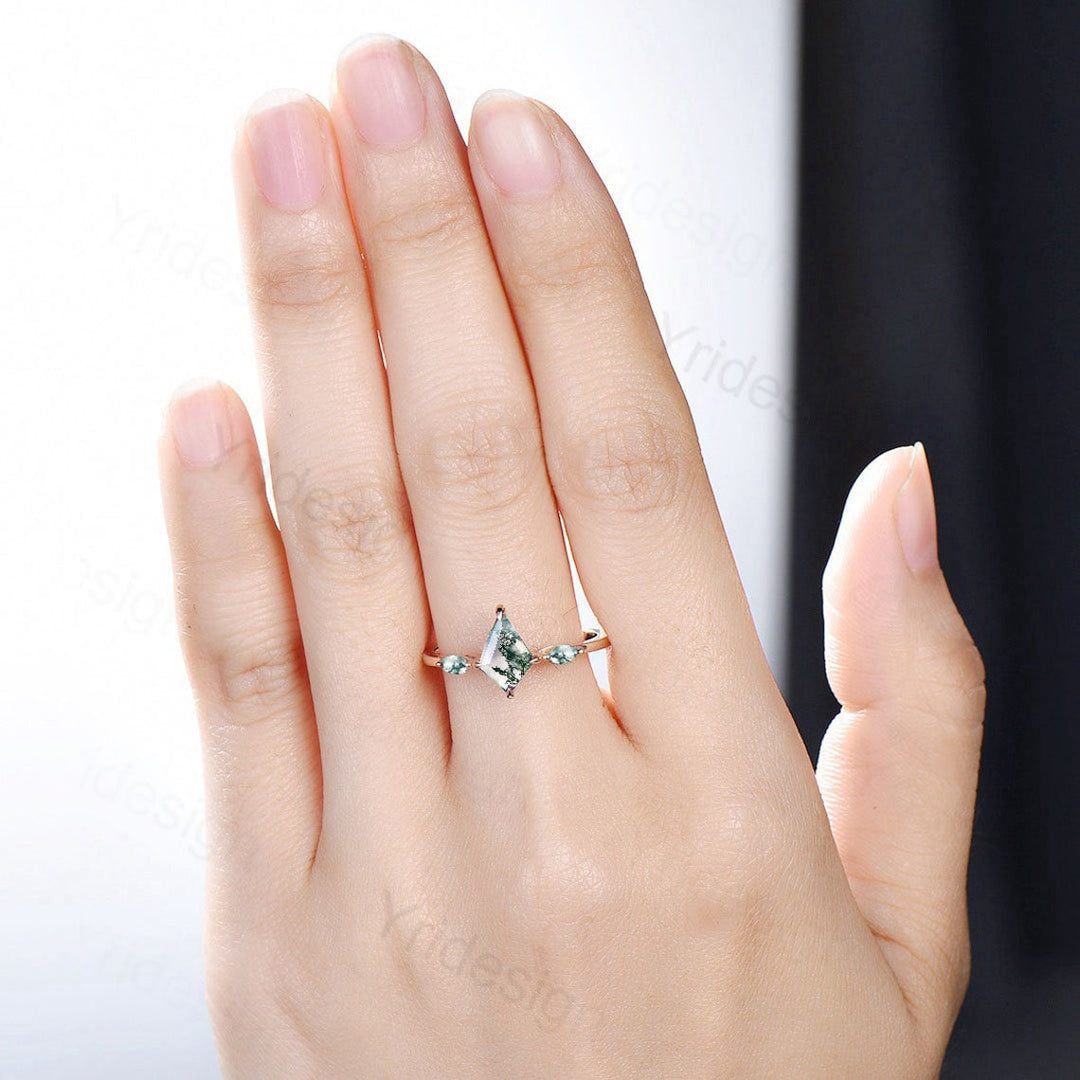 Vintage kite cut moss agate ring solid 14k rose gold marquise cut green agate engagement ring unique wedding ring for women anniversary gift - PENFINE