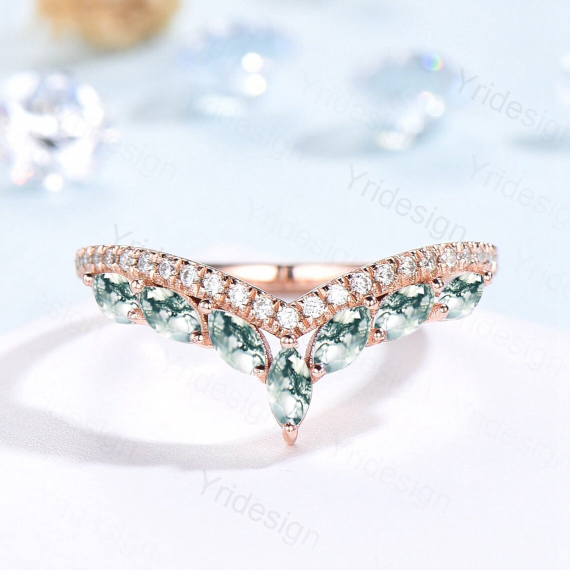 Diamond Wedding Ring For Women Unique Wedding Band Rose Gold Vintage Curved  V Marquise Moissanite Matching Band Stacking Anniversary Ring