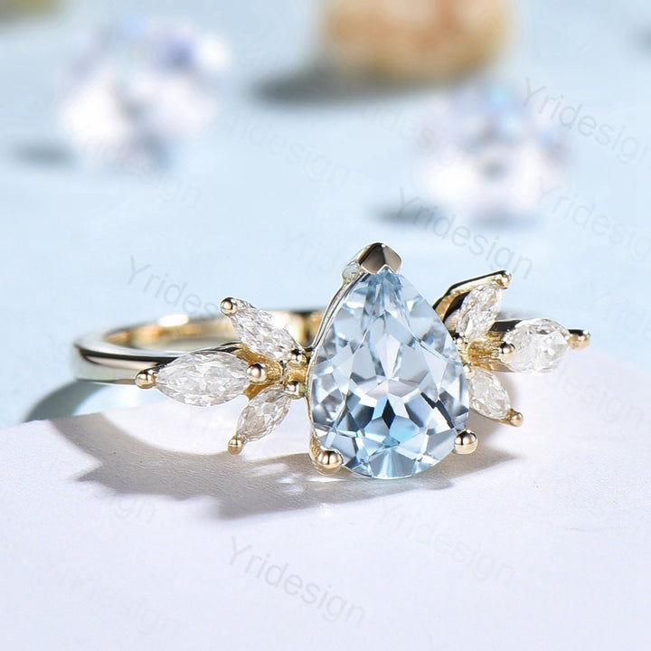 Pear shape aquamarine ring Vintage aquamarine engagement ring 14k gold cluster Marquise moissanite promise ring for women Bridal ring gift - PENFINE