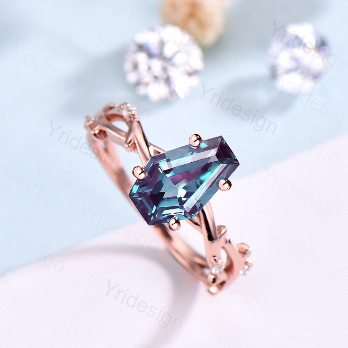 Vintage Alexandrite engagement ring Art deco Coffin shape Bridal twig gold ring Unique leaf diamond wedding ring Antique Anniversary ring - PENFINE