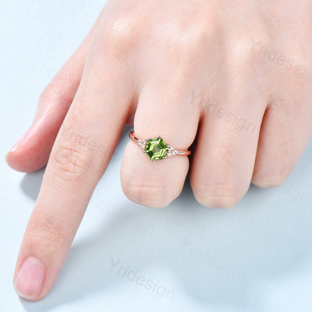Dainty Hexagon Peridot engagement ring art deco rose gold silver ring Minimalist vintage diamond ring women promise anniversary ring gift - PENFINE