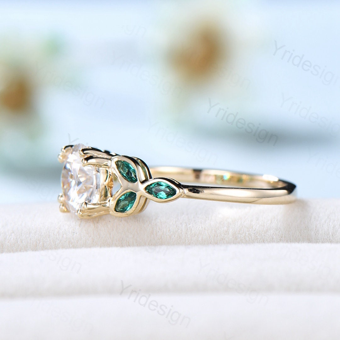 1CT Moissanite Engagement Ring with Lab Emerald Accents Solid Gold Moissanite Wedding Ring Art Deco Promise Ring Anniversary Bridal Gift - PENFINE