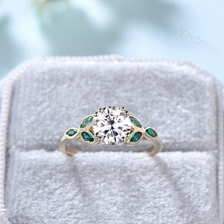 1CT Moissanite Engagement Ring with Lab Emerald Accents Solid Gold Moissanite Wedding Ring Art Deco Promise Ring Anniversary Bridal Gift - PENFINE