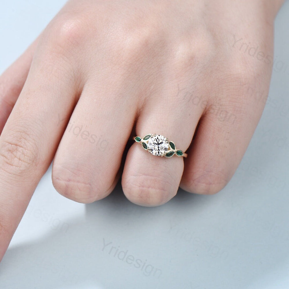 1CT Moissanite Engagement Ring with Lab Emerald Accents Solid Gold Moissanite Wedding Ring Art Deco Promise Ring Anniversary Bridal Gift - PENFINE