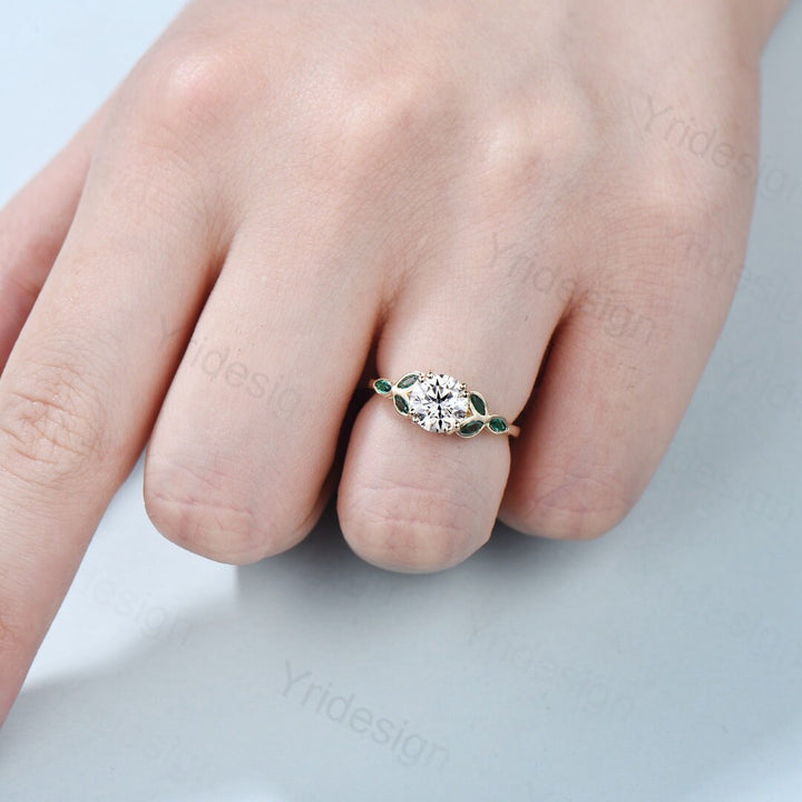 1CT Moissanite Engagement Ring with Lab Emerald Accents Solid Gold Moissanite Wedding Ring Art Deco Promise Ring Anniversary Bridal Gift - PENFINE