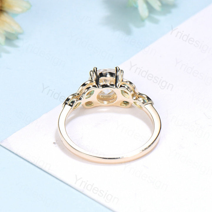 1CT Moissanite Engagement Ring with Lab Emerald Accents Solid Gold Moissanite Wedding Ring Art Deco Promise Ring Anniversary Bridal Gift - PENFINE